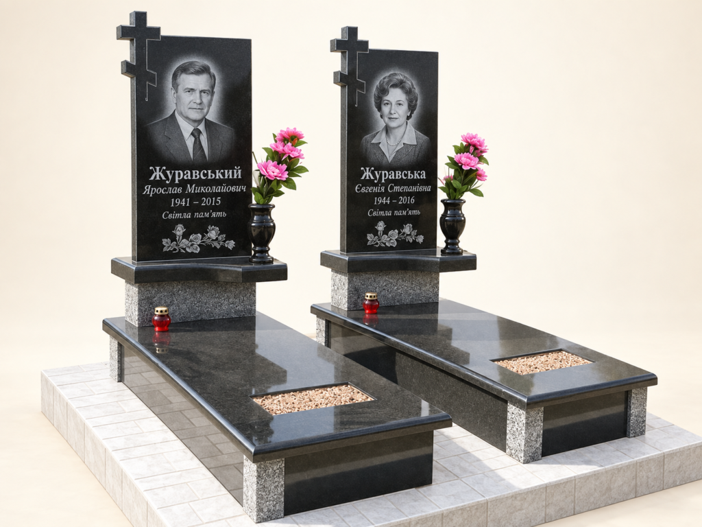 Каталожна візуалізація подвійного пам’ятника: дві стели з хрестами й вигаданими портретами, дві плити та вази.